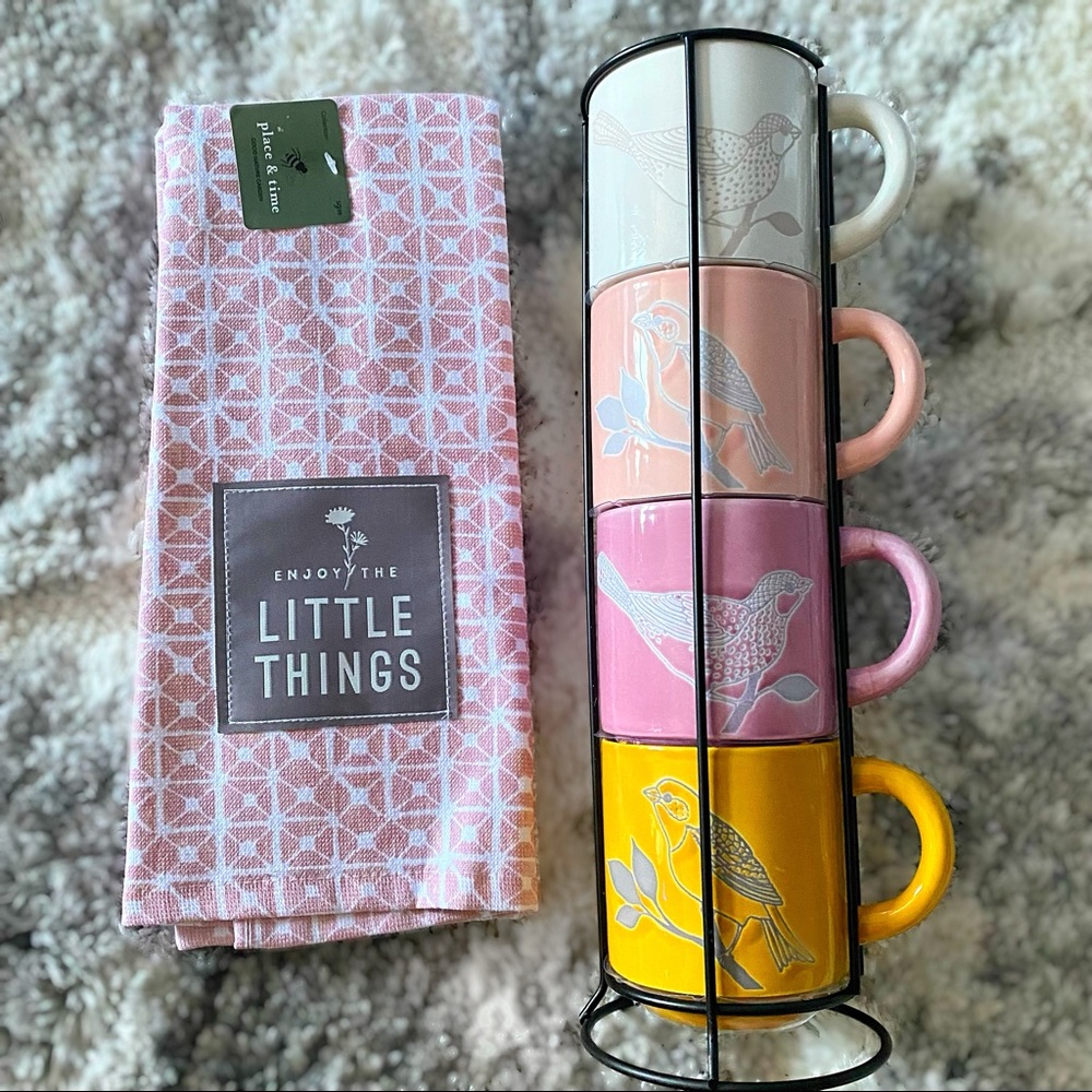 Pastel Pink Yellow Bird 4pc Coffee Tea Mug Rack Set and Towel NWT Spring Summer